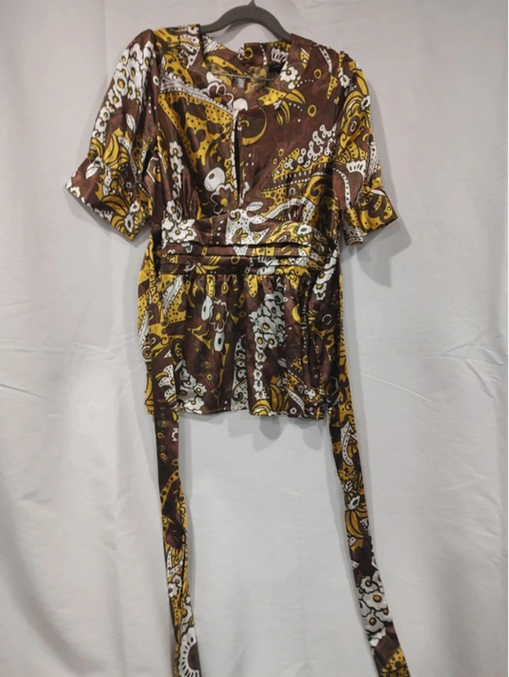 BCBGMAXAZRIA Sz M Gathered Peplum Brown & Yellow Patterned Belted Blouse #Fall